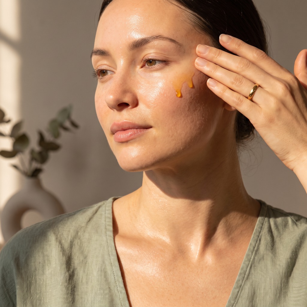 Woman applying golden Naturéa Botanicals facial serum drops to her cheek