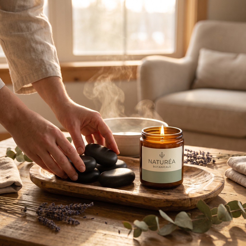 Person arranging hot massage stones next to a glowing Naturéa Botanicals candle