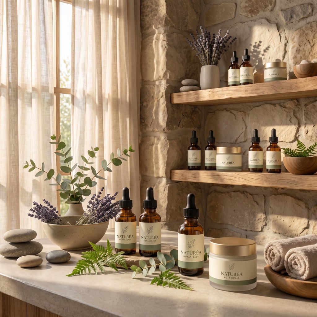 Wooden shelf displaying Naturéa Botanicals skincare products in a sunlit spa room