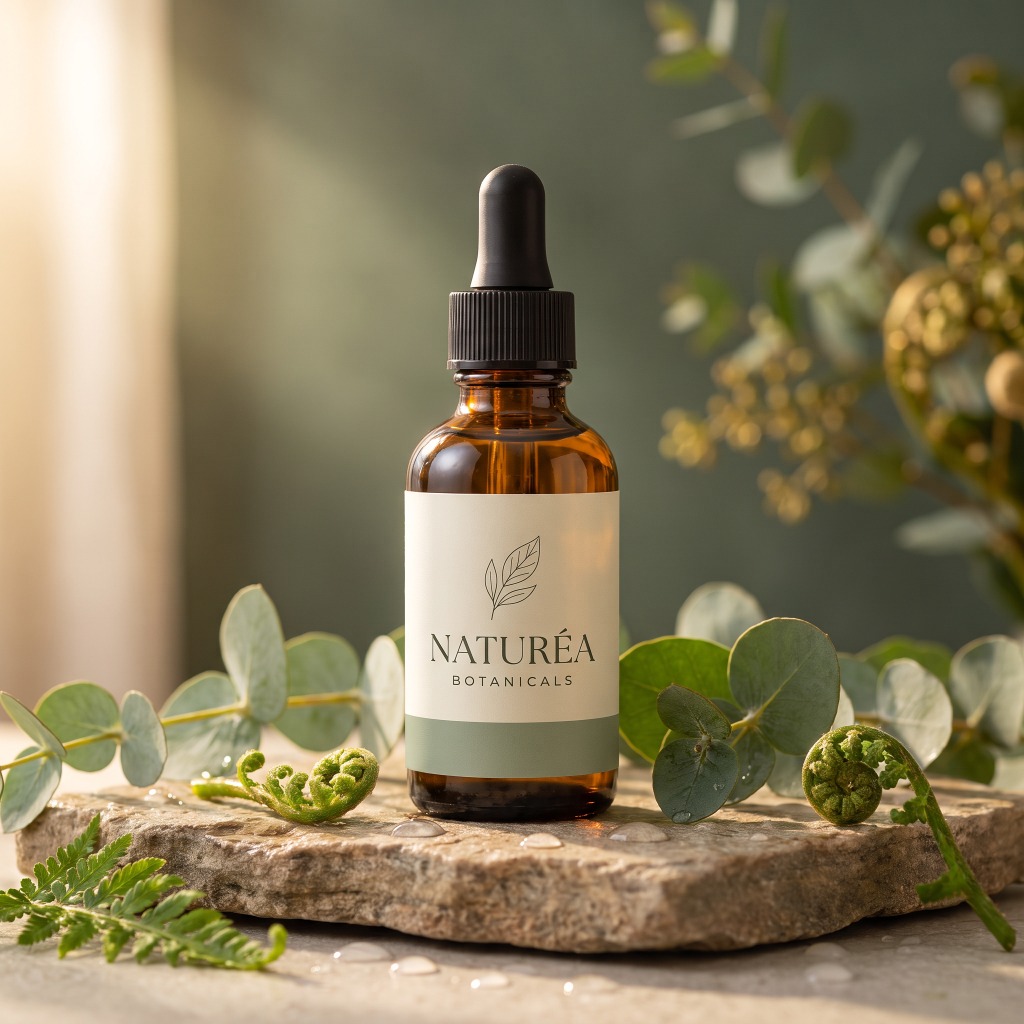 CBD facial serum bottle surrounded by eucalyptus leaves on natural stone