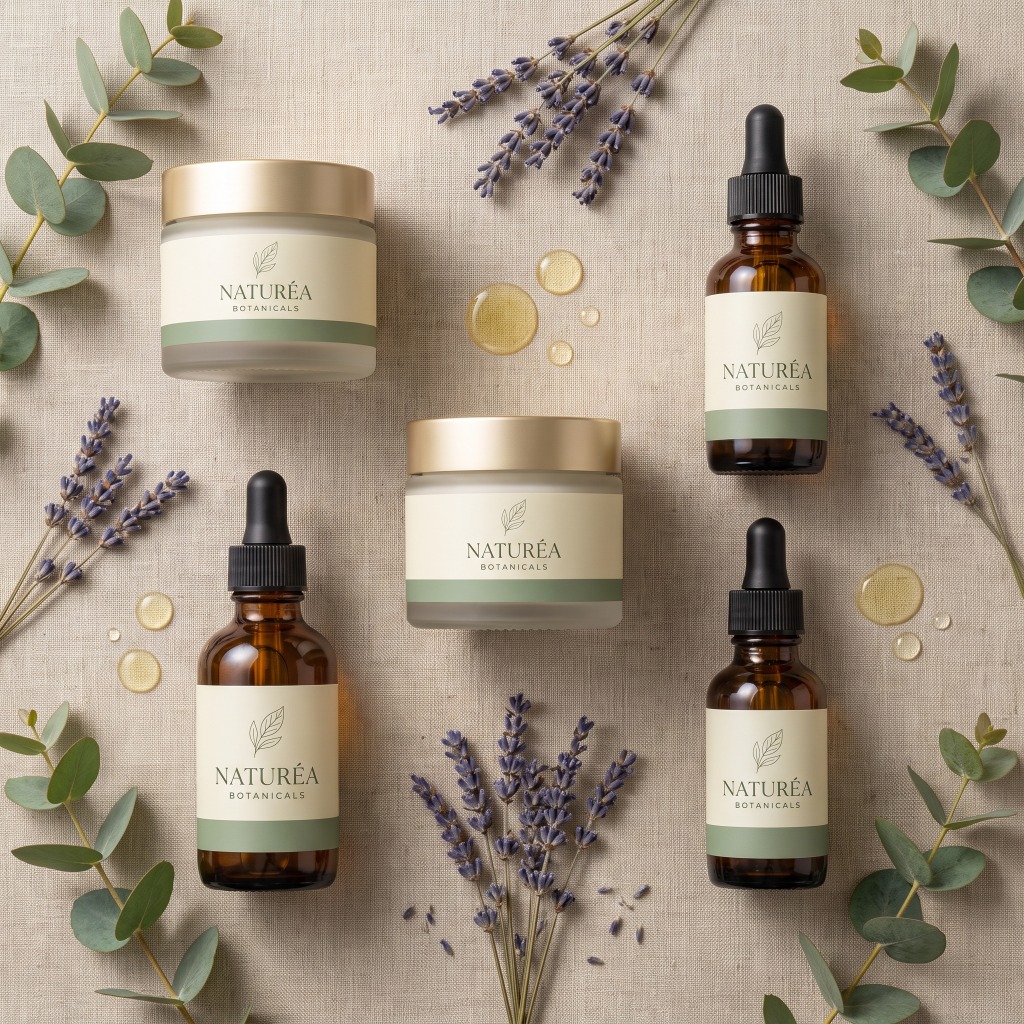 Flatlay of Naturéa Botanicals CBD skincare products including serum bottles and cream jars with lavender and eucalyptus