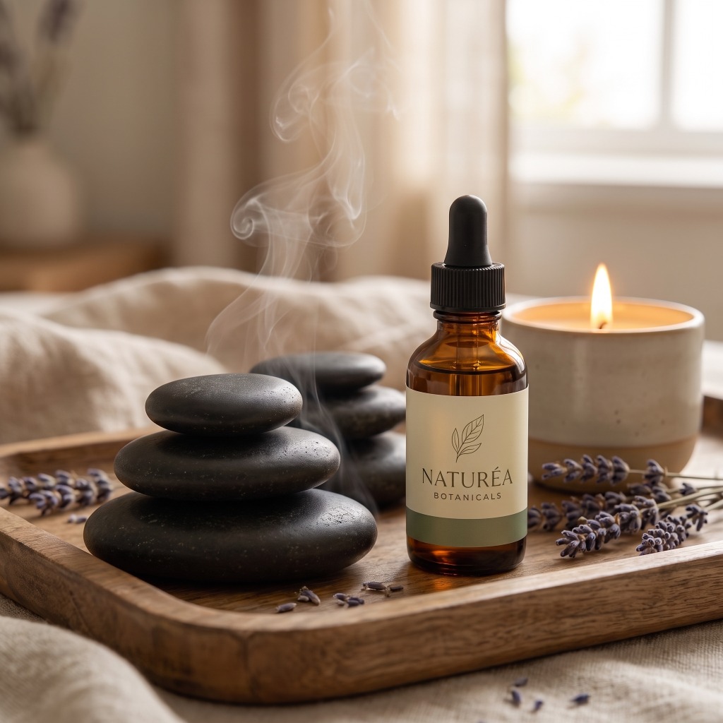 Aromatherapy setup with a dropper bottle, hot massage stones, incense smoke, and a glowing candle