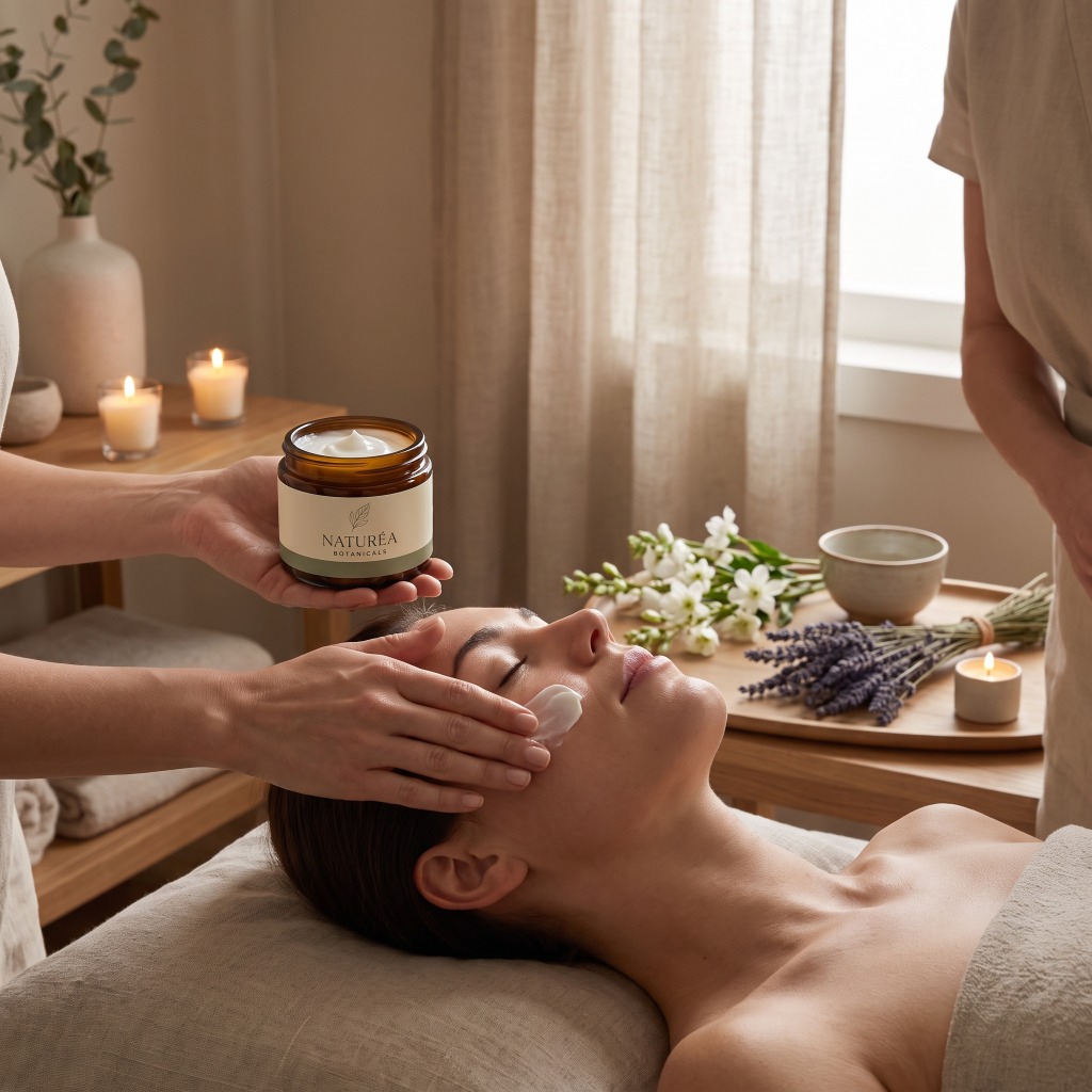Woman receiving a rejuvenating facial treatment with Naturéa Botanicals cream
